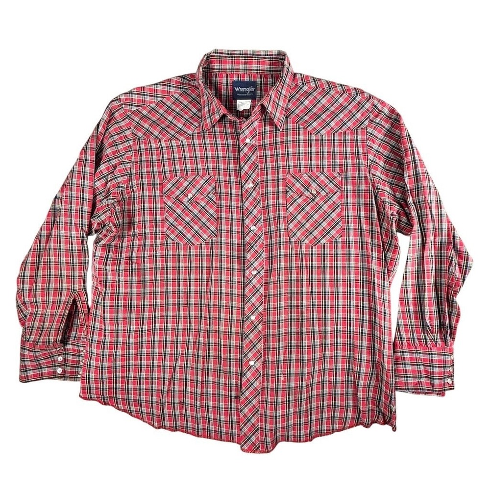 Wrangler Western Shirt Men's 2XL Red Plaid Pearl Snap‎ Long Sleeve 2 Pocket